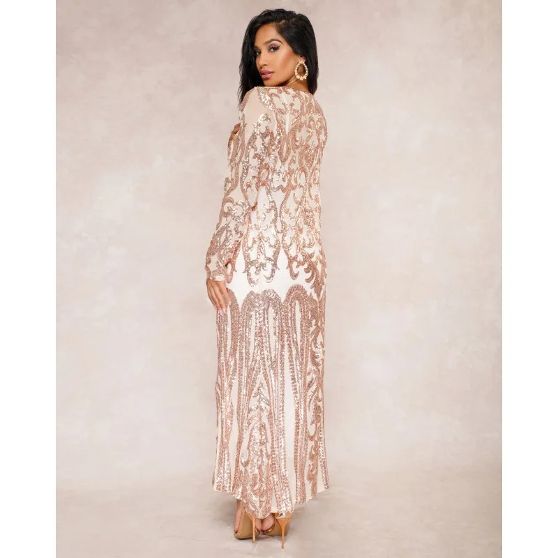 2024 Spring Summer New Women\'s Clothing Sequin Long Dress Sexy Sequined See-through Cardigan Dress