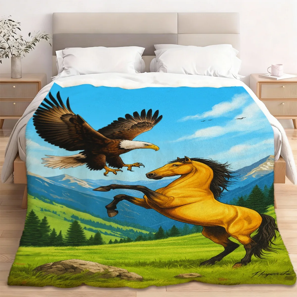 Large Cozy Digital Art Blanket Throw for Bedroom Sofa Bedding featuring Wild Eagle and Galloping Horse Wildlife Nature Mural