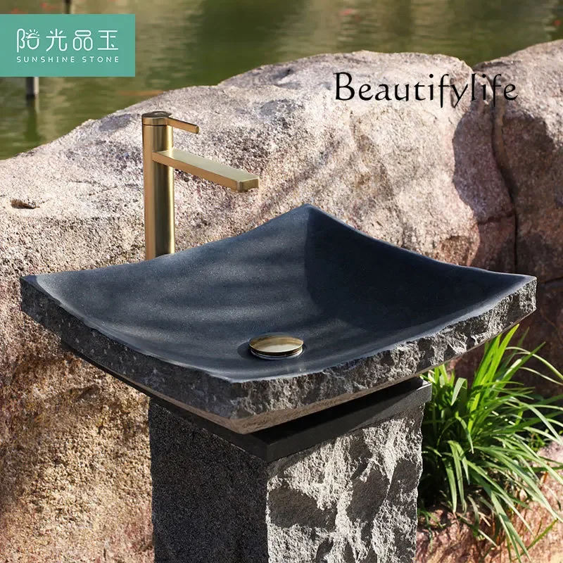 BJ Outdoor Stone Column Basin, Courtyard Floor-to-ceiling Wash Basin, Outdoor Light Luxury Stone Sink