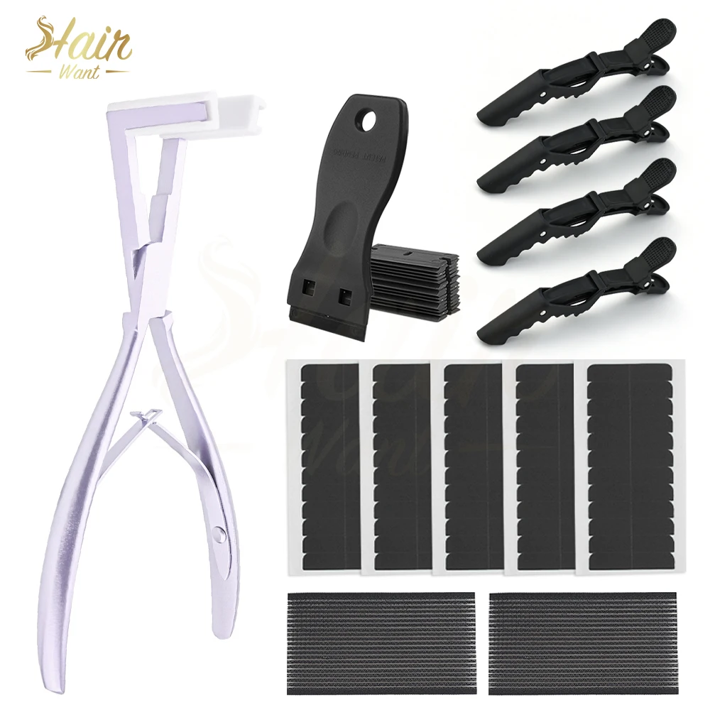 

Hair Want Hair Sealing Pliers Razor Scraper with 10Pcs Razor Blades 60Tabs Double Sided Replacement Tape Tabs Pre-Cut Tabs