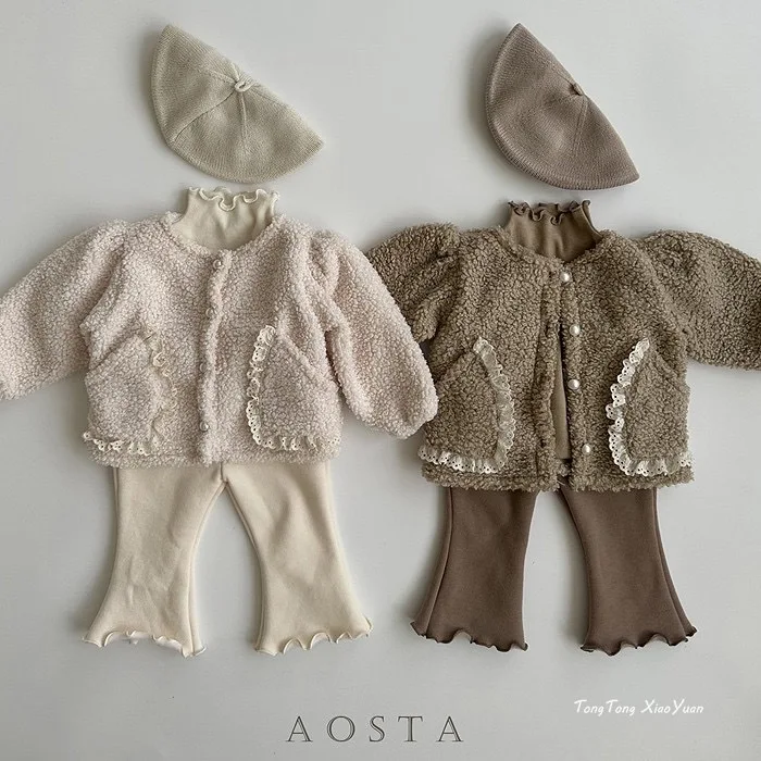 Casaco de lã quente para bebê, jaqueta grossa de veludo infantil, moda menina infantil, roupa de bolso para criança, nova, inverno, 2022