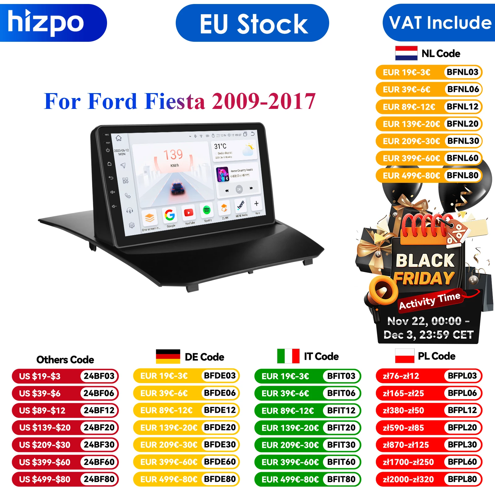 9inch QLED Screen 2din Android Car Radio Multimedia Video Player for Ford Fiesta 2009 - 2017 GPS Navi Carplay Auto 4G LTE RDS AI