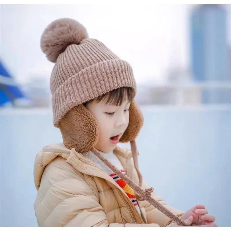 

Baby Hat Autumn/Winter Cute Knitted Wool Hat for Children Winter Thickened Warm and Velvet Ear Protection Hat for Boys and Girls