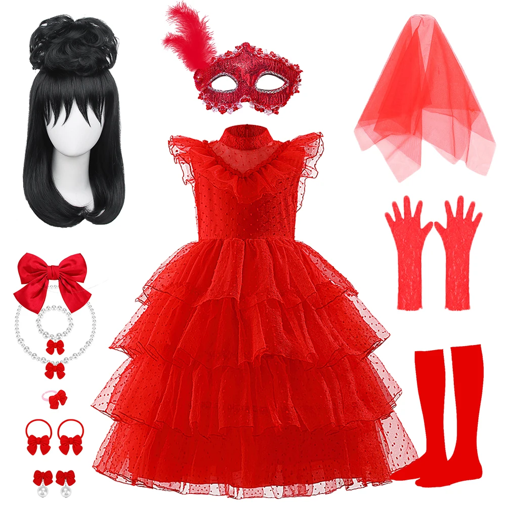 Halloween New Girls Lydia Costume Teen Girl Gothic Red Lace Tulle Wedding Dresses Christmas Carnival Party Layered Gowns Wig