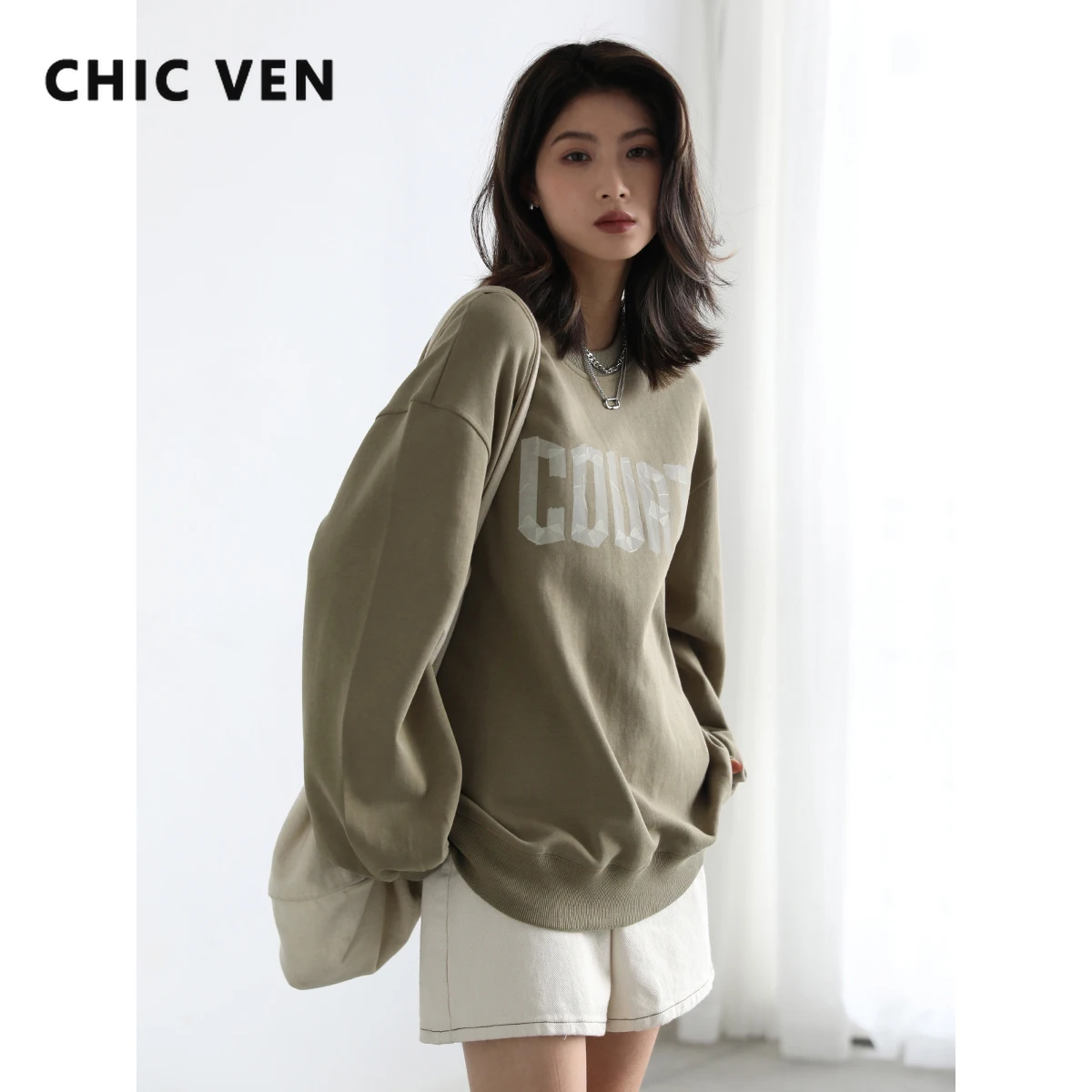 CHIC VEN Women\'s Sweatshirt Street Casual Loose Round Neck Letter Printed Cotton Clothes Woman Female Tops Spring Autumn 2023