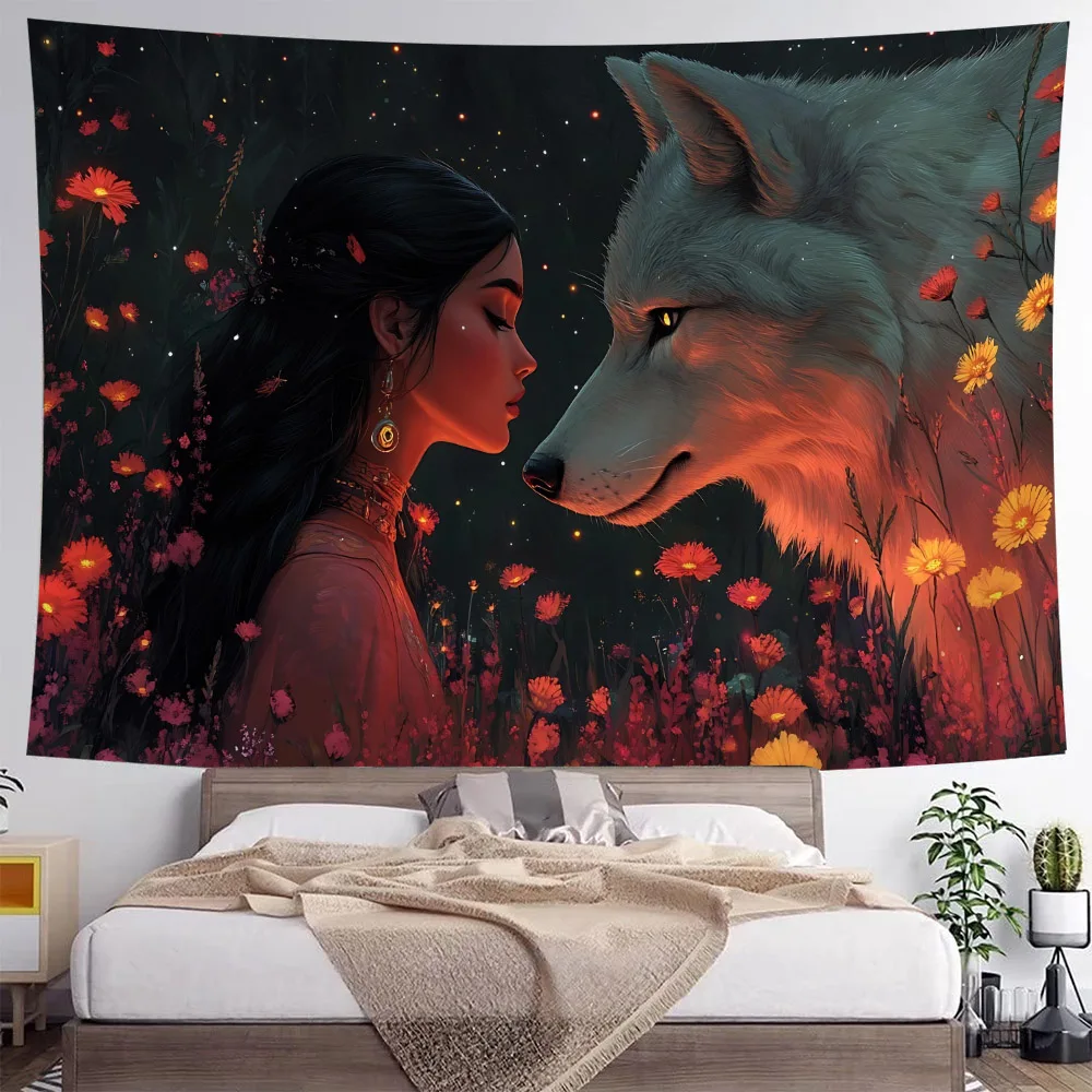 Beauty And Animal Aesthetics Tapestry Home Decor Printed Wall Hanging for Living Room Dormitory Studio Fabric Mural Painting