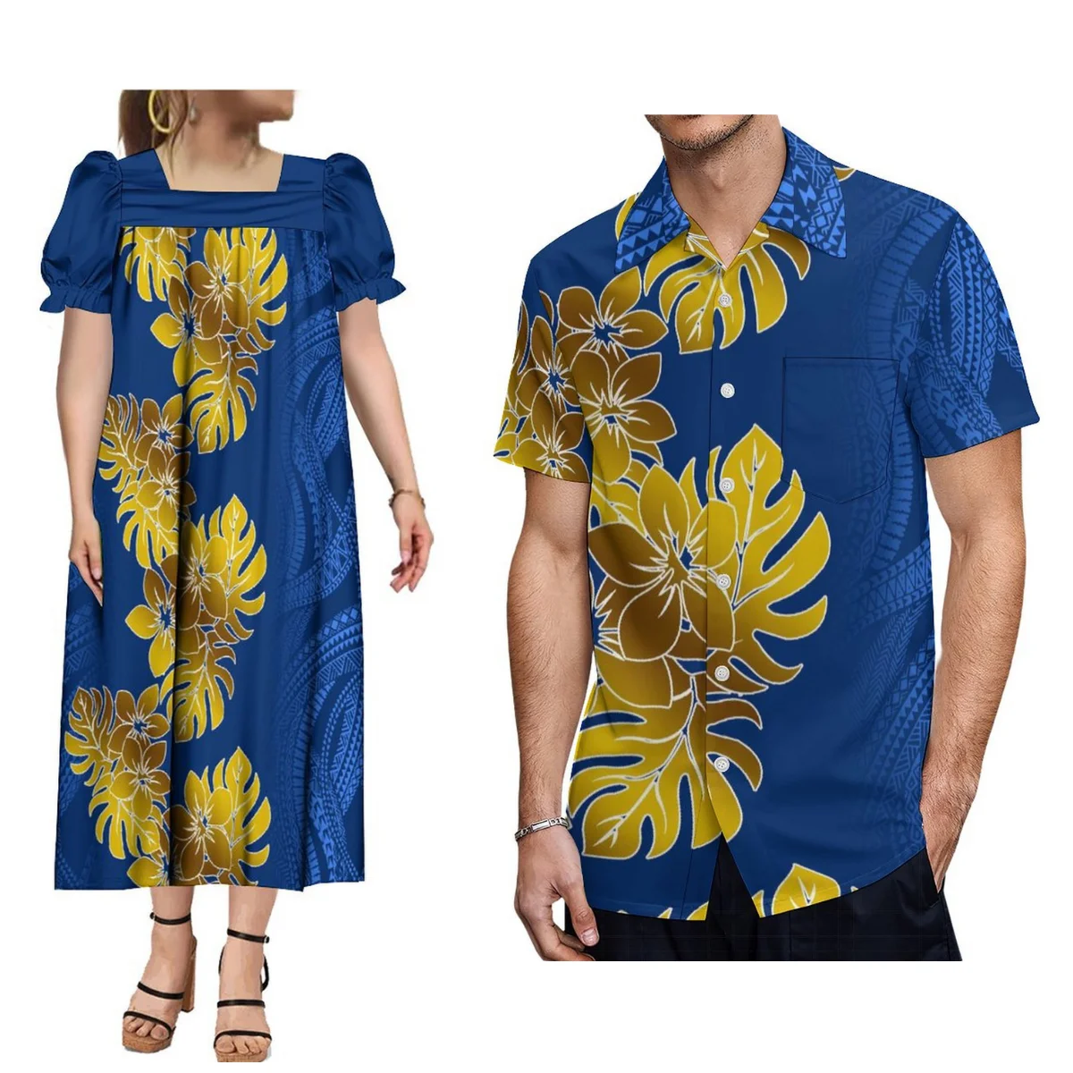 High Quality Summer Micronesian Tribe Mumu Ladies Custom Full Skirt Elegant Polynesian Dress Matching Men'S Short-Sleeved Shirt