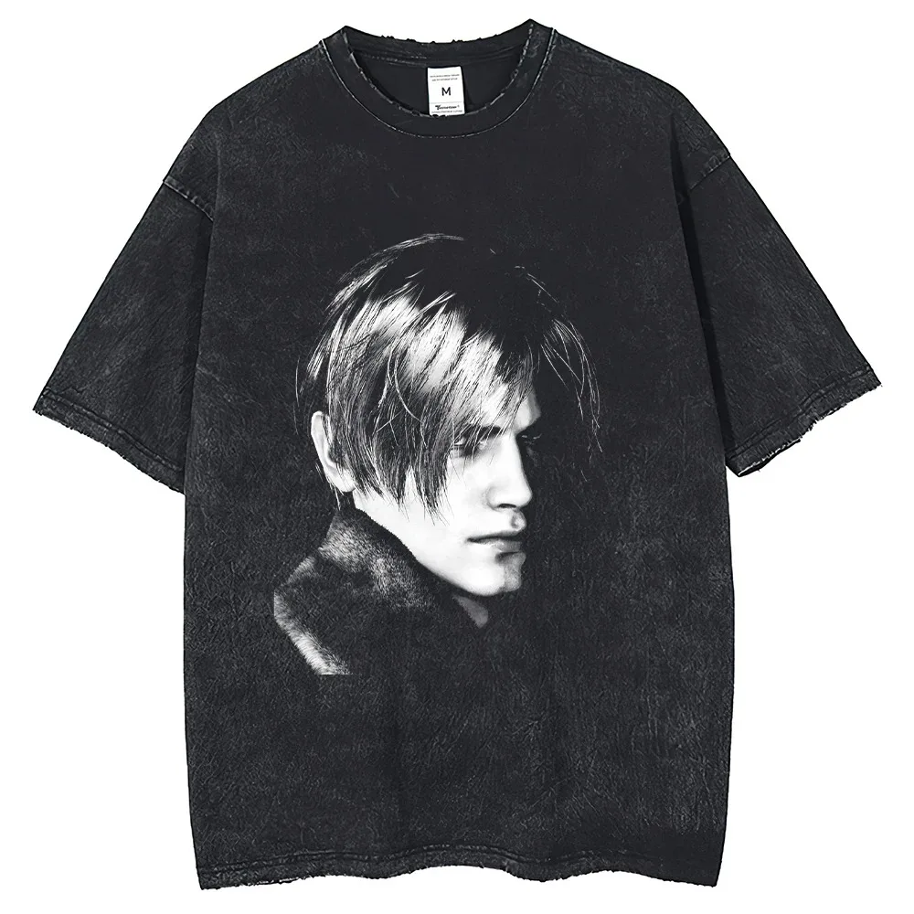 Vintage Washed Black Resident Evil Leon S. Kennedy Oversized T-Shirt – Front Black-and-White Character Portrait Graphic,