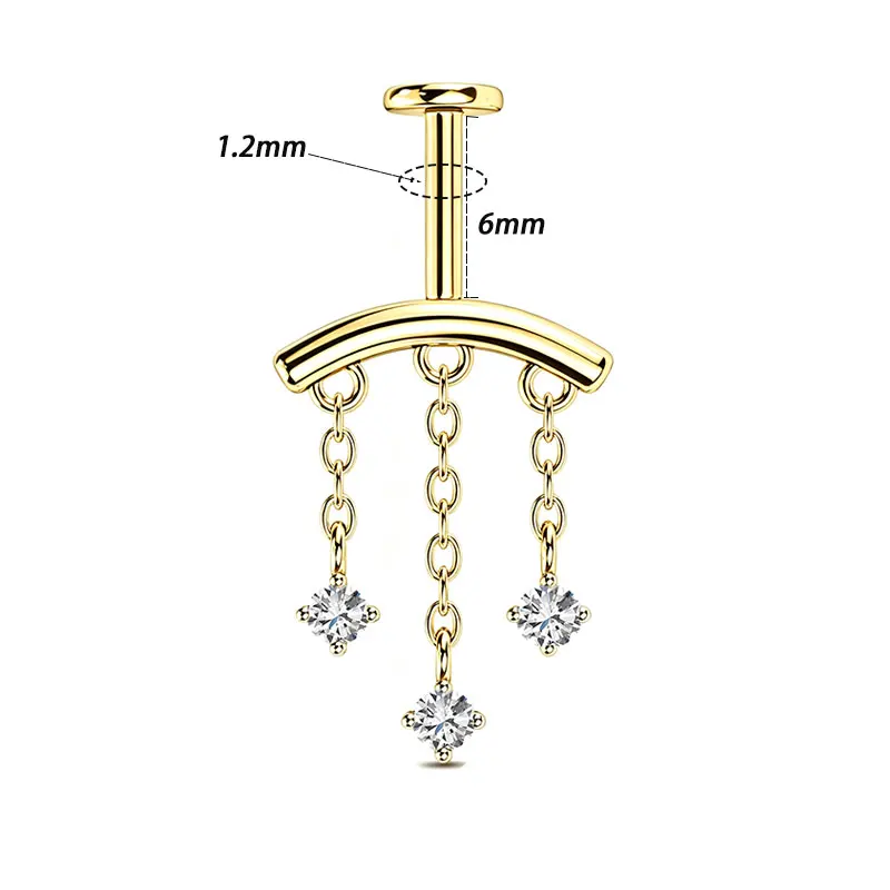 1 Stück/Set 316L Stahl Innengewinde-Ohrstecker mit Kupfer-Dreifachkette und Zirkonia-Anhänger, Helix-Lippenpiercing, Unisex, Trendig – Detail 3