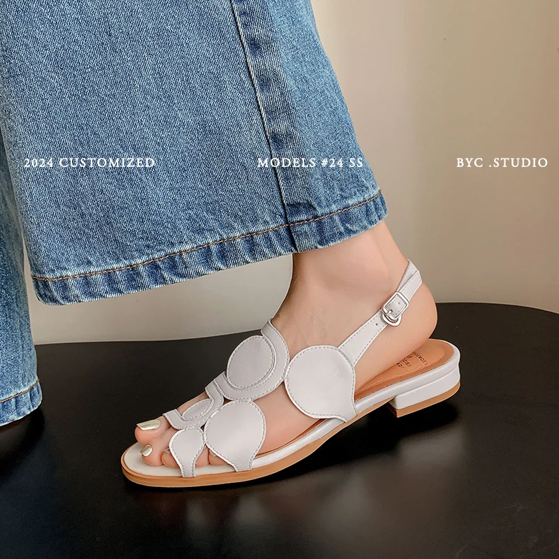 Golden Shoes Woman Summer Sandals Cow Leather Elegant Beige Footwear Modern Girls Sandals With Buckle On Flat Heel