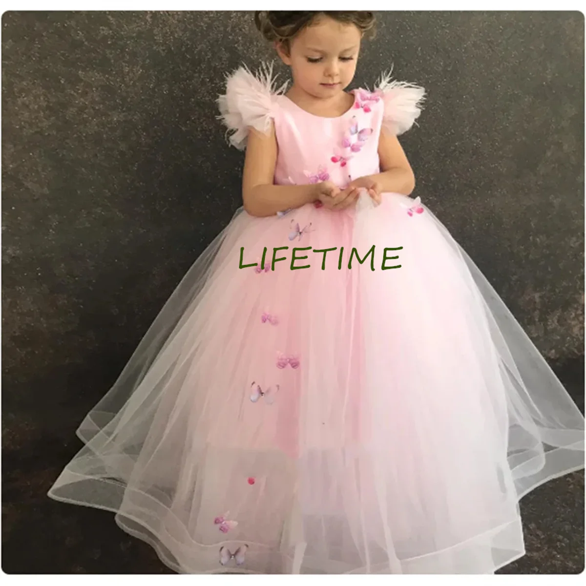 Green Flower Girl Dresses Tulle Pearls Butterfly Flowers Short Sleeve For Wedding Birthday Party Banquet Princess Communion Gown