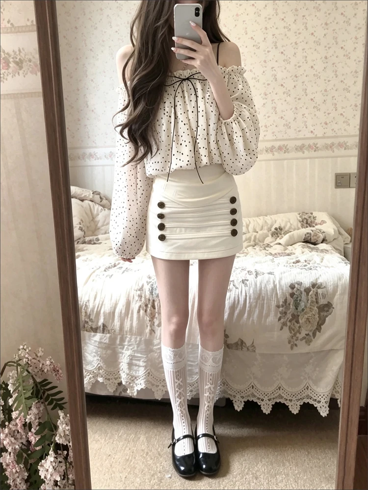 Sweet Korean Style One Shoulder Polka Dot Top And Skirt Set Women's Autumn Gentle Atmosphere Feeling Two Piece Set Fashionabl...