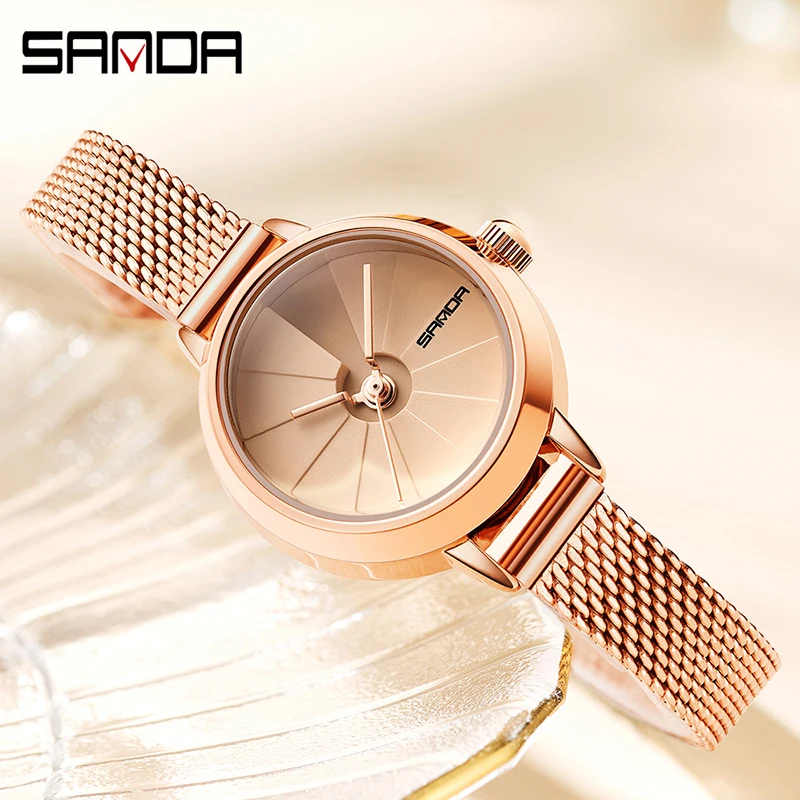 SANDA 1113 nuovo movimento al quarzo donne di alta qualità maglia in acciaio inossidabile oro rosa impermeabile orologi da donna in pelle Dropshipping