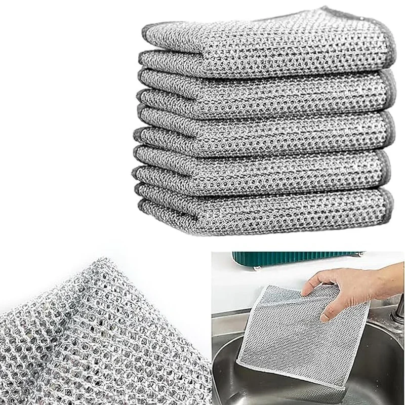 Multipurpose Dishwashing Rags Non Scratch Wire Dishcloth  for Wet Dry Reusable Mesh Microfiber Wire Cleaning Cloth for Kitchen