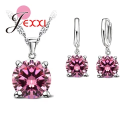 Solid 925 Sterling Silver Jewelry Sets 4 Claws Cubic Zirconia Pendant Necklace Earring Fashion Jewelry For Women SET