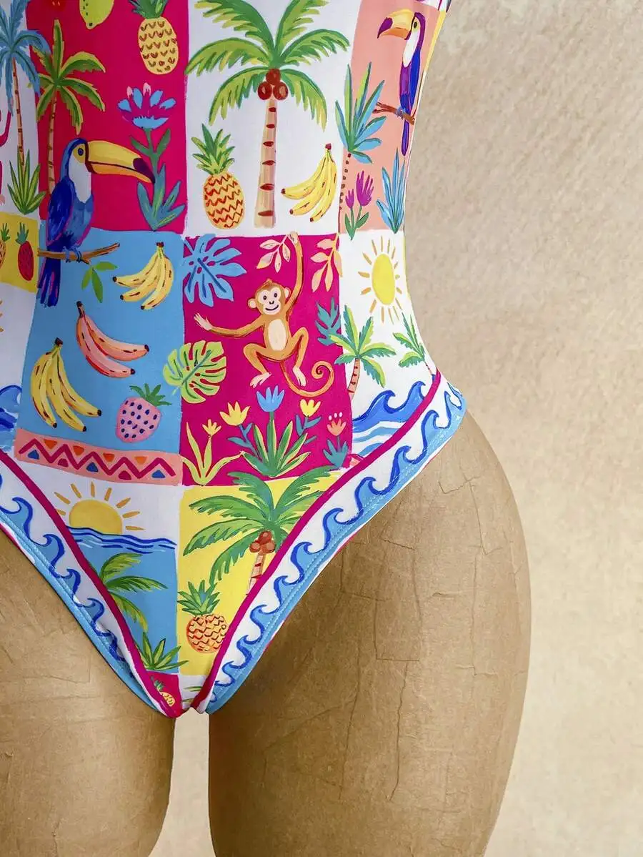 

Womens Colorful Tropical Print Square Neck Cap Sleeve One-Piece Swimsuit For Beach Vacation