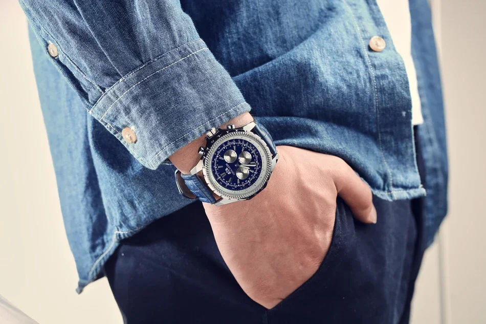 Automatic Watch for Men Mechanical Movement Black Brown Blue Leather Strap Fashion Sports Business Reloj Hombre