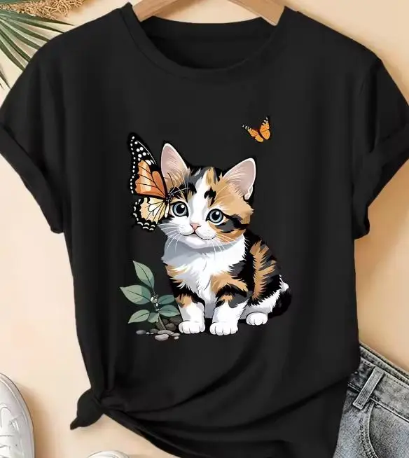 Cute Calico Cat Print T Shirt Women Kawaii Kitten Butterfly Graphic Tee Tops Vintage Aesthetic Short Sleeve O Neck Summer Clothes