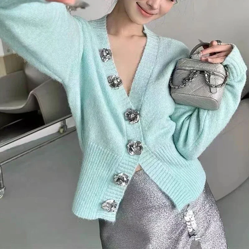 

Women Clothing Spring Autumn Trendy Vintage Sweet Chic Cardigan Y2K Solid V Neck Long Sleeve Slim Fairy Kintted Sweater Buttons