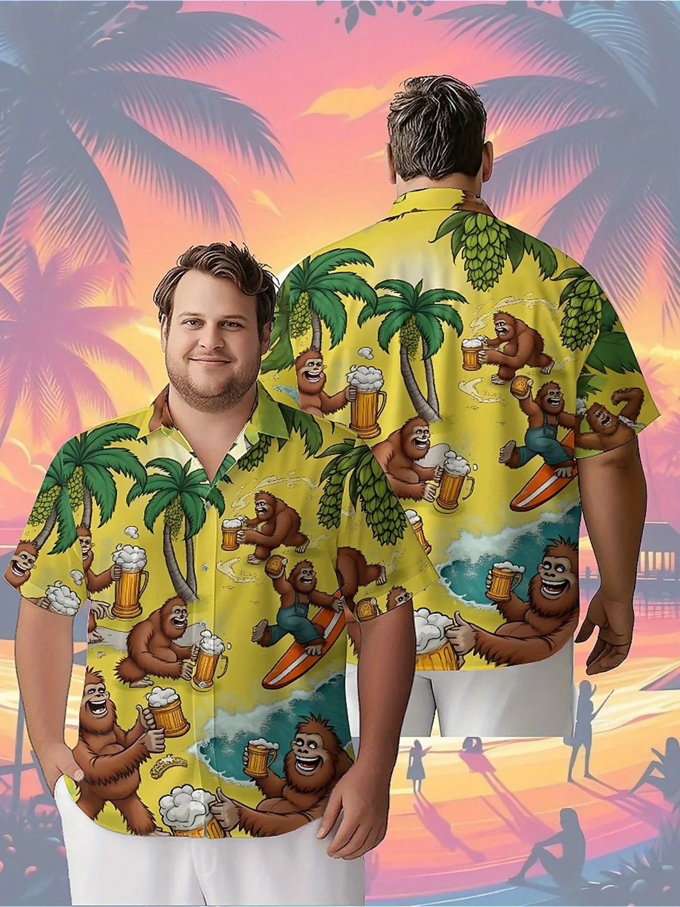 Men's Plus Size Hawaiian Shirts Sasquatch Tropical Beach Surfing Party pattern,Premium Comfort Youth Clothes,Streetwear Y2K Tops