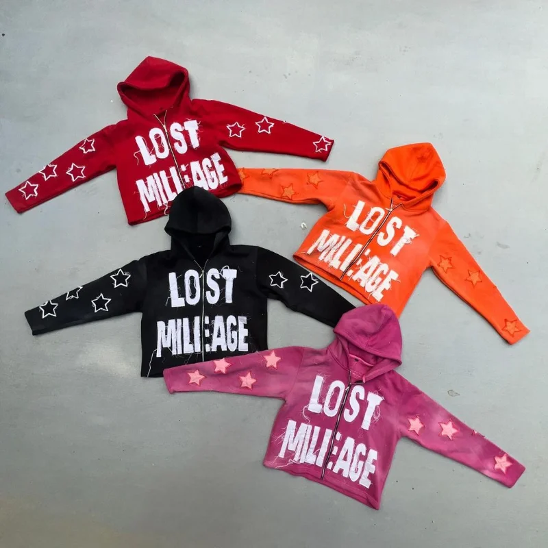 

Y2k new punk Harajuku loose hoodie Alphabet Star patchwork embroidered zipper hoodie men High Street vintage couple sweatshirt