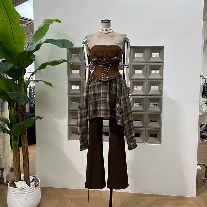 

Street Sle Spicy Girl Unique Early Autumn Design Knot Tube Top Slim Fit Pants Plaid Skirt Faionable ort Sve Vest