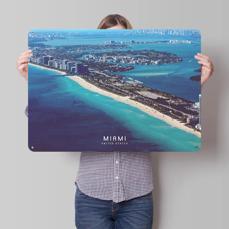 Miami 3D Texture Printed Poster Custom Vintage Metal Tin Plate Sign for Wall Art Living Room Decoration Man Office Decor Luxury
