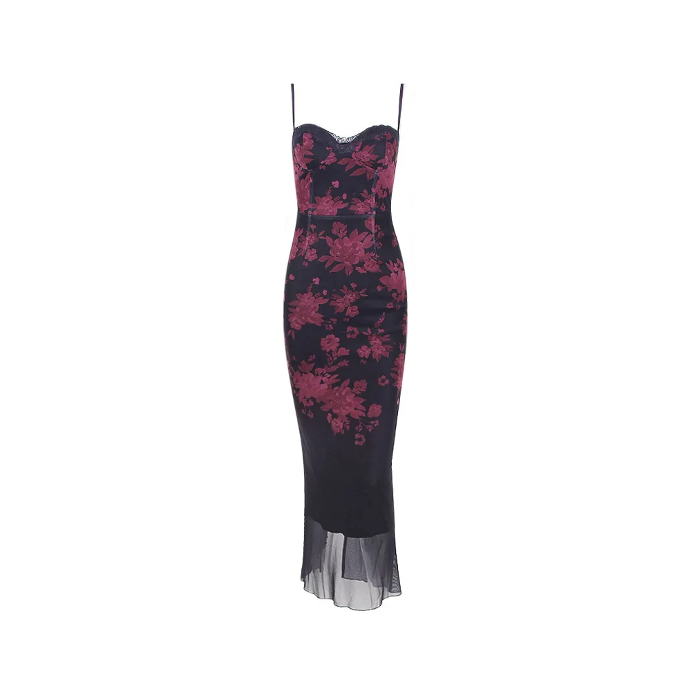 Vestido largo con estampado Floral y tirantes finos para mujer, traje Sexy de malla para novia y invitados de boda, vestidos de fiesta de noche ajustados