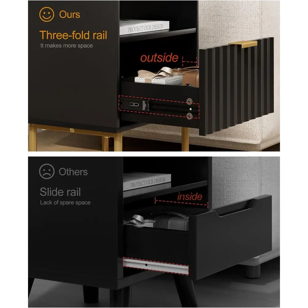 Night Stand With Charging Station, Fluted Bedside Table With Storage Drawer And Open Wood Shelf, End Table With Gold Frame For