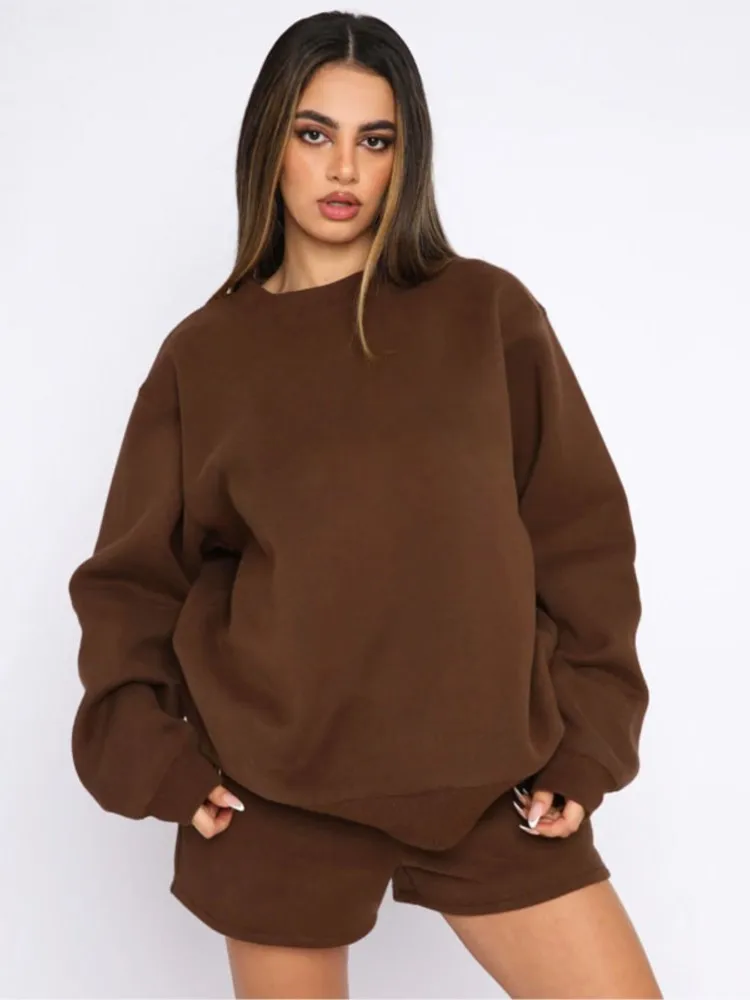 

Casual Solid Hoodie Shorts Two Piece Sets For Women Loose Long Sleeve O-neck Pullover Tops And Shorts Outfits Autumn Fashion Set