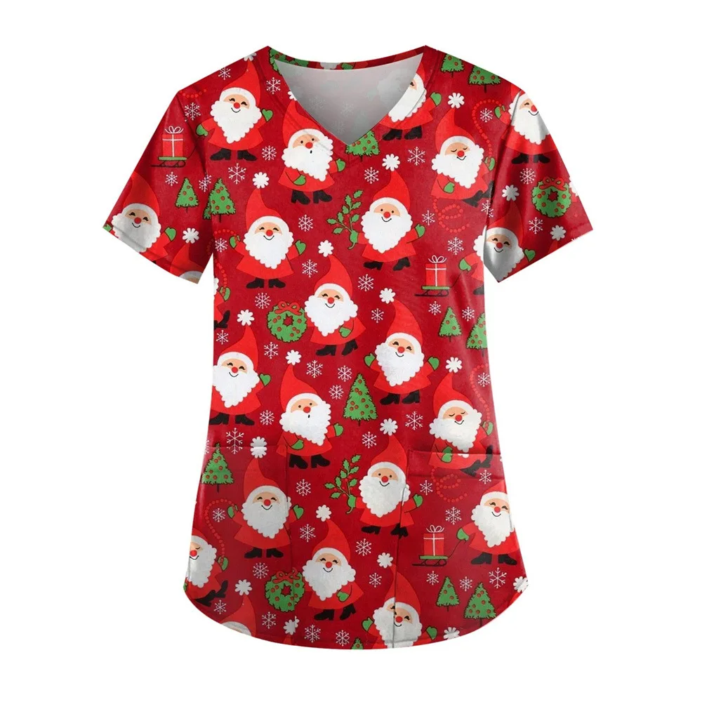 Red Printed Nurse Scrubs Tops Christmas Unisex Medical Uniform Cartoon Xmas Nurse Scrubs T-shirts Dentist Beauty Spa Workwear