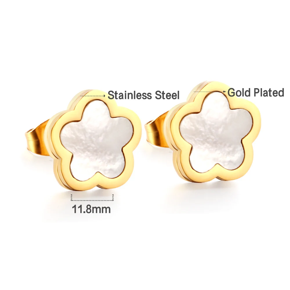 Fashion Women White Shell Flower Stainless Steel Stud Earrings Girl Simple Generous Elegant Party Wedding Ear Jewelry