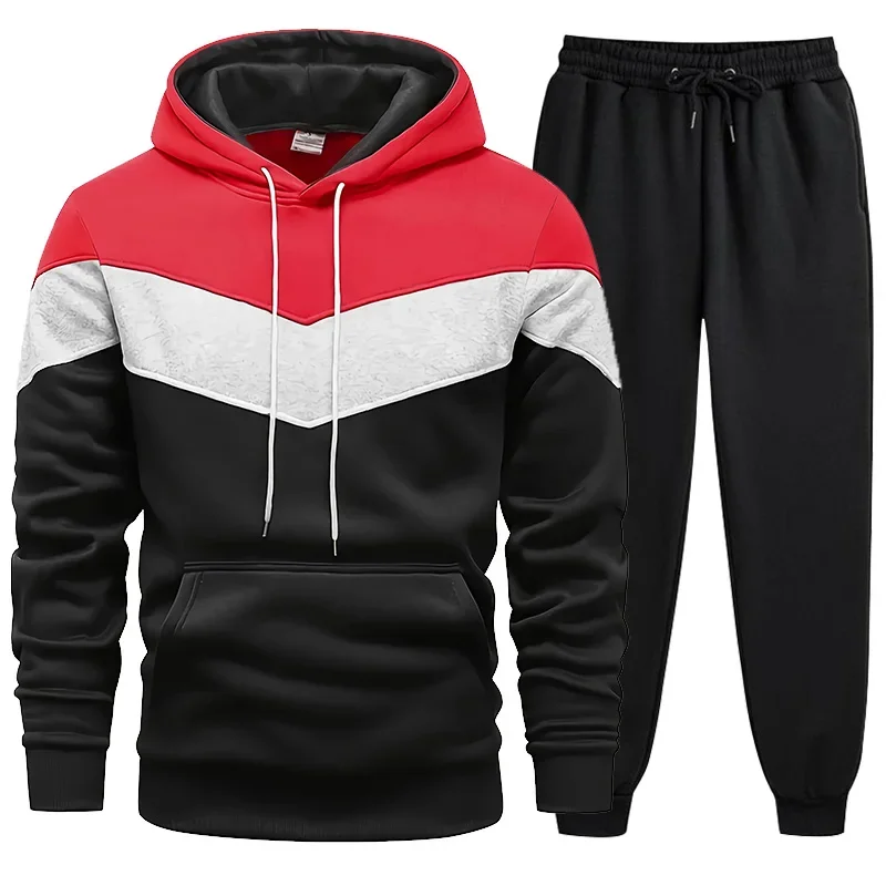 2024 Autumn Winter Mens Tracksuit Casual Tricolor Hooded Sweatshirt+Pants 2 Piece Set Sports Jogging Outfits Daily Warm Clothing