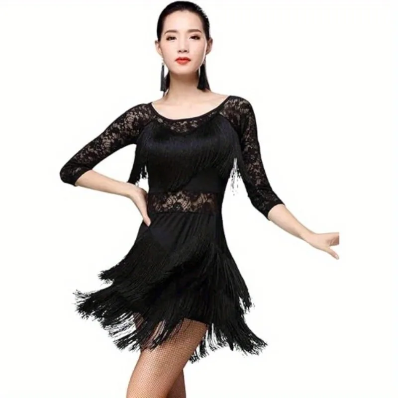 فستان رقص لاتيني، تصميم أنيق من الدانتيل والأداء للمنافسة والأداء، ملابس رقص قاعة الرقص النسائية مع نسيج مطاطي #3