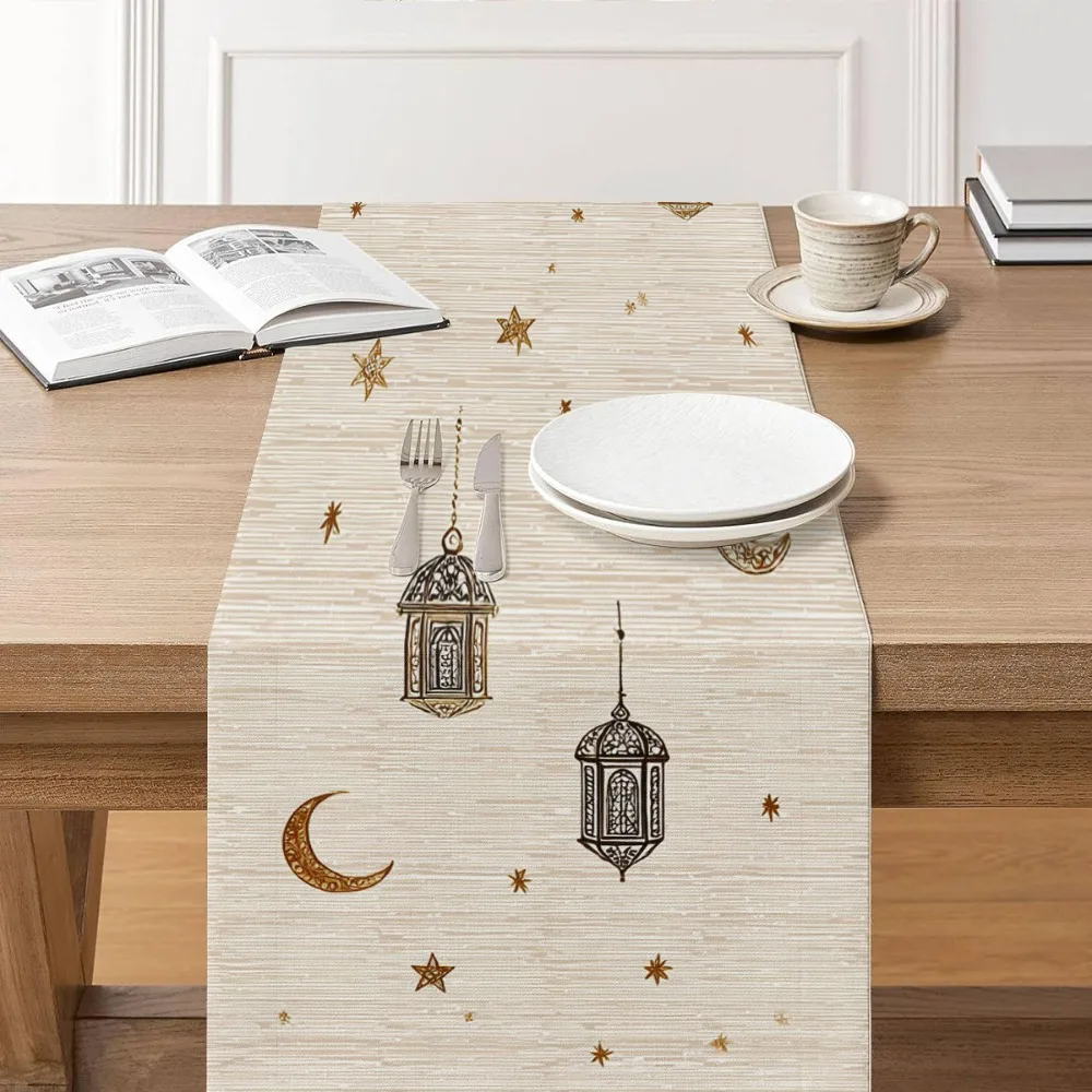 

Vintage Ramadan Table Runner Washable Traditional Moon Star Table Runner Floral Pattern Dinner Table Cloth Kitchen