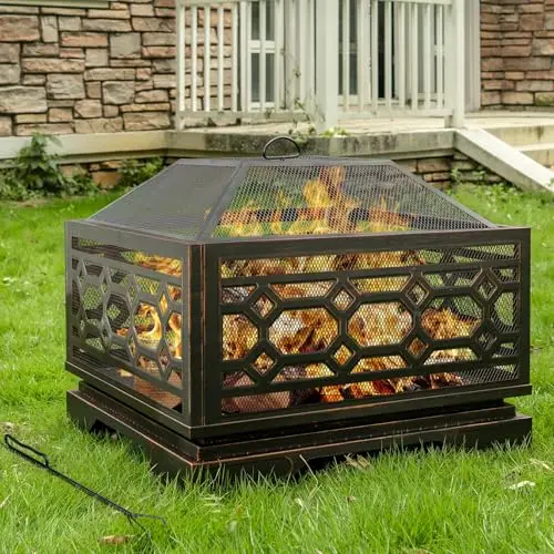 26 Inch Outdoor Fire Pit, Wood Burning Outside Fireplace with Mesh Cover