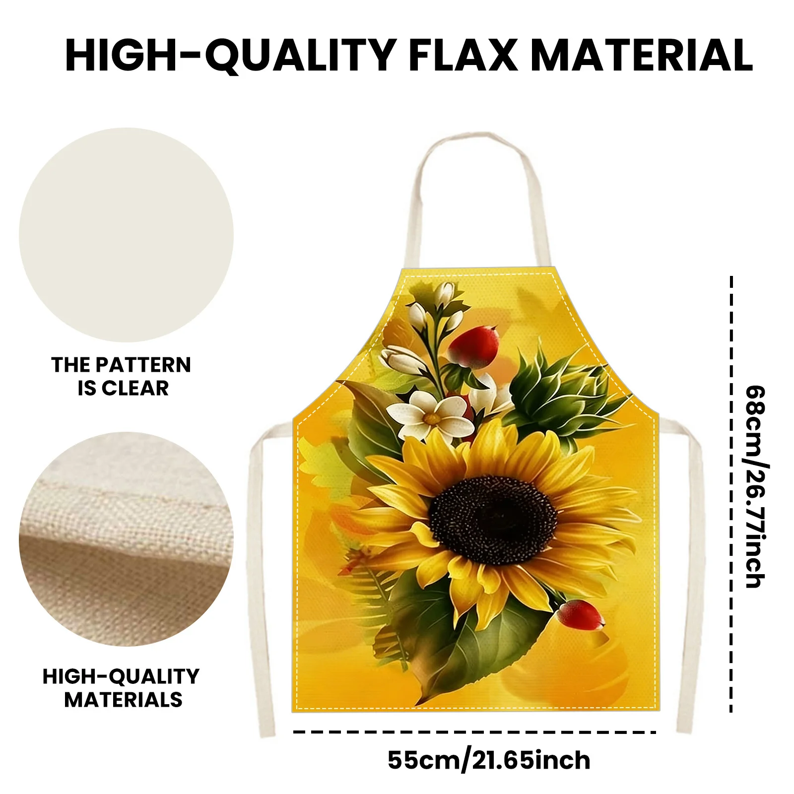 1pc 2D Printed Yellow Pastoral Sunflower Apron, Durable Polyester Fabric, Apron for Kitchen Cooking, Nail/Hair/Makeup Artistry,