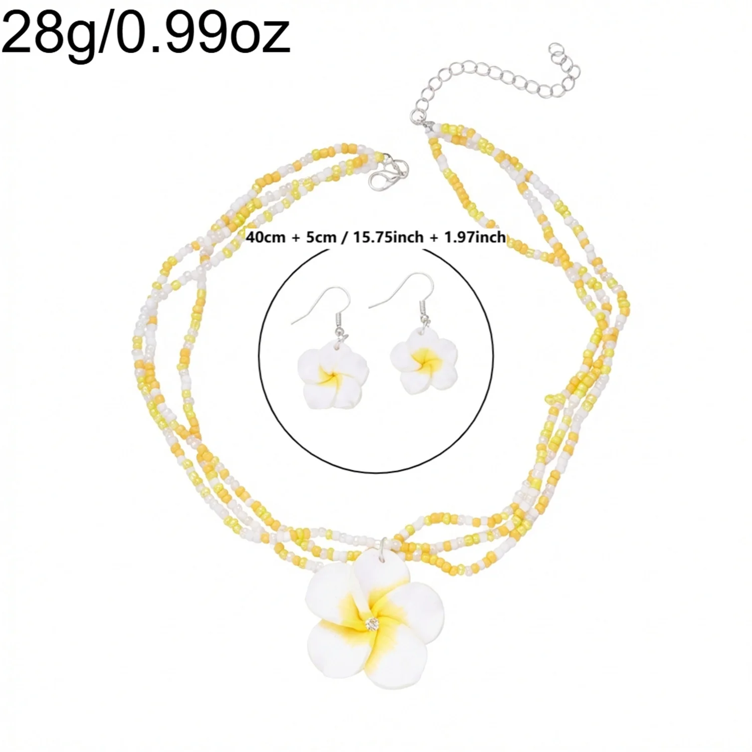 Einfaches Mehrschichtiges Reisperlen-Ketten- und Ohrring-Set für Damen, Trendige Polymer-Clay-Blumen-Halskette, Böhmischer Schmuck als Geschenk – Detail 5