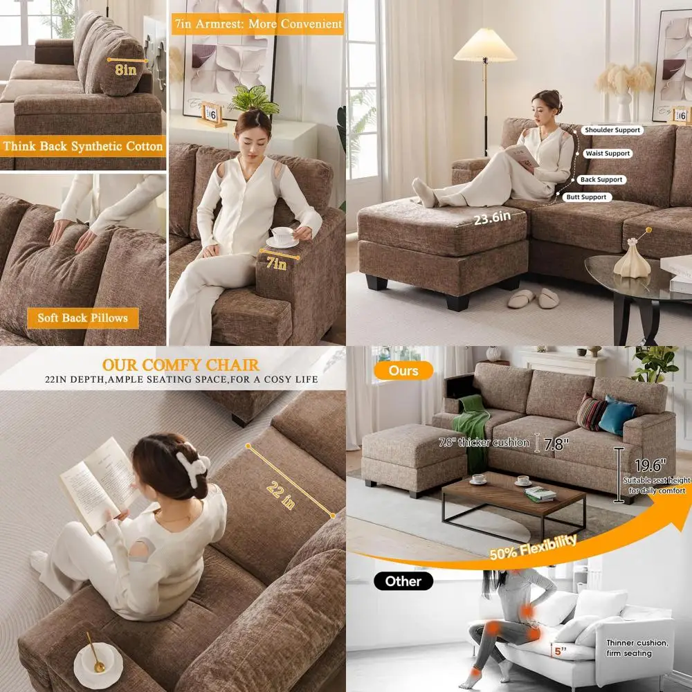 85 L-Shaped 3-Seat Sectional Sofa with Ottoman, Thick Cushions, Chenille Fabric, Ideal for Living Room or Bedroom, Brown