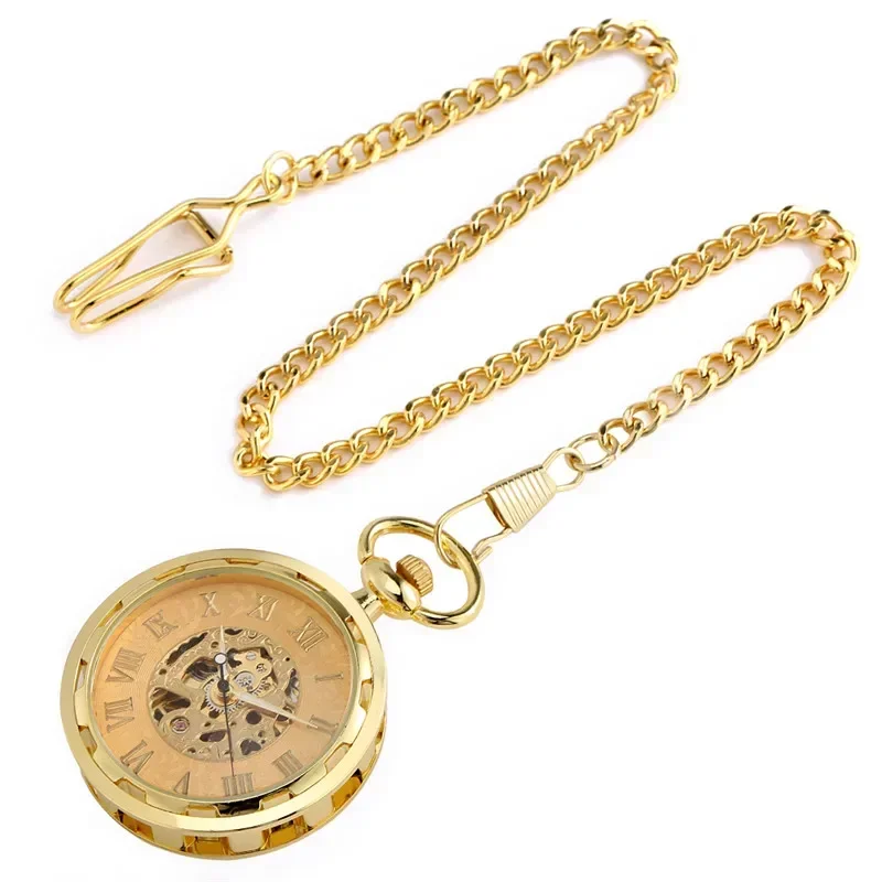 Luxury Roman Numerals Dial Golden Hand-winding Mechanical Pocket Watch Luminous Hands Pendant Chain Roman Number Dial Gift