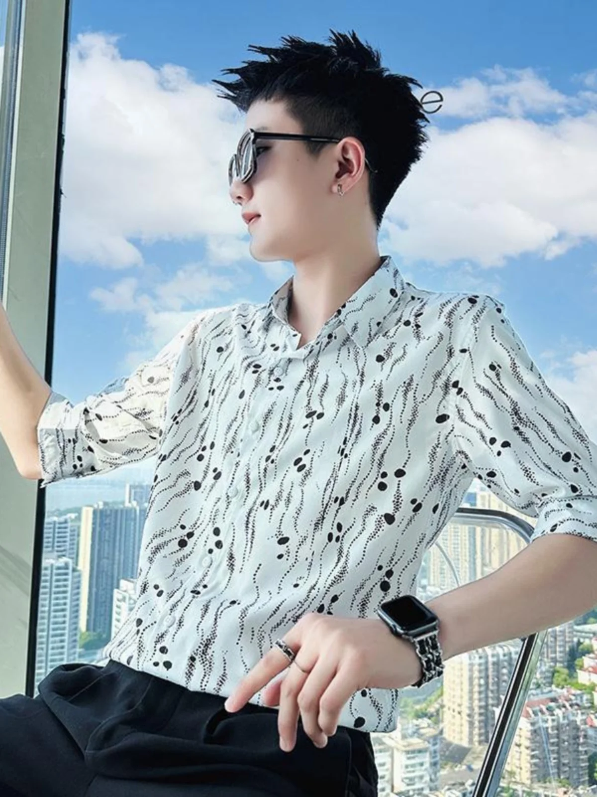 

Premium Ice Silk Men's ort Sve irt Thin Five-Quarter Sve Summer Lightweight Faionable Printed Stand Fit Youth
