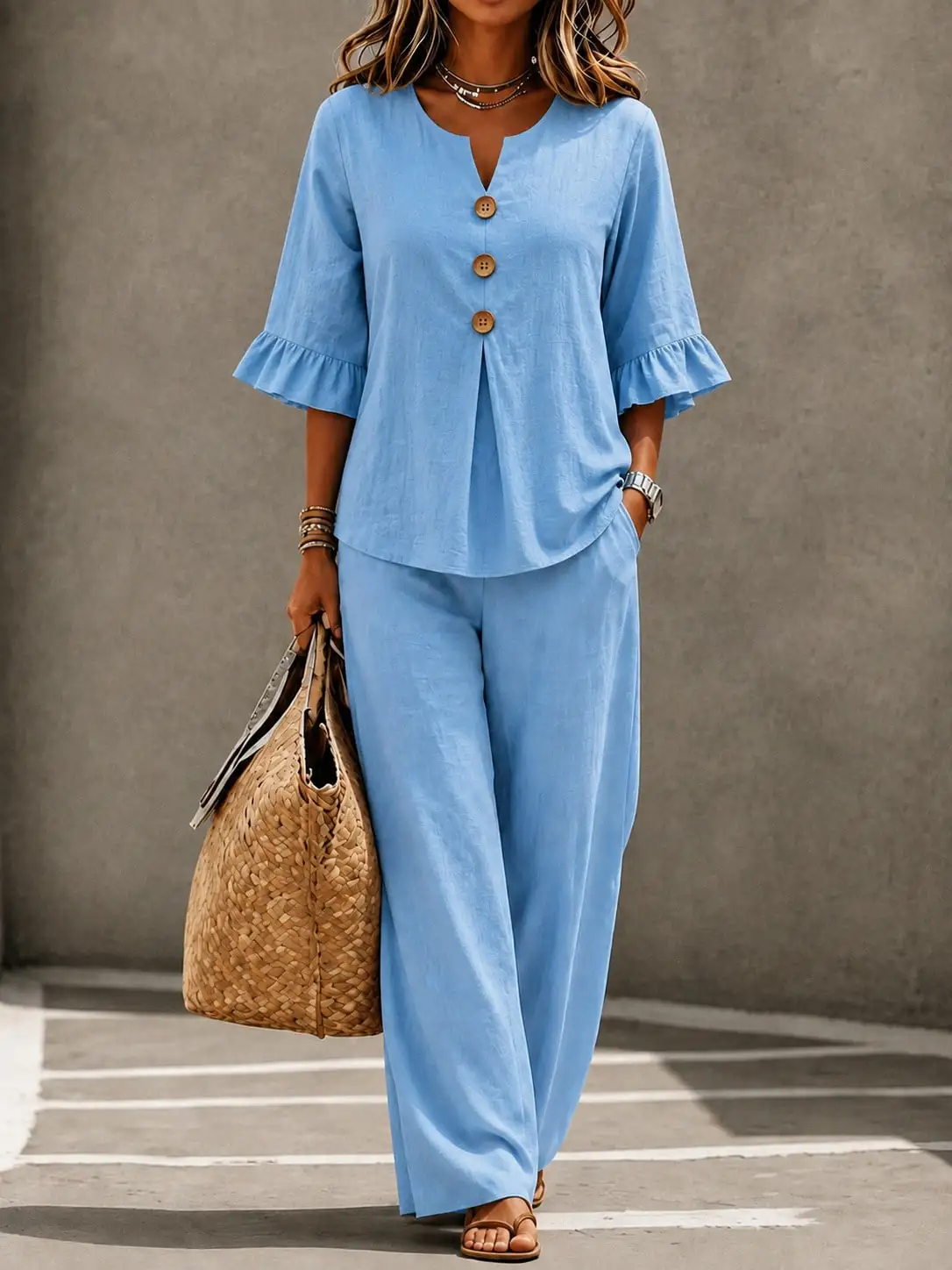 Plus Size Women's European and American Cross-Border Two-Piece Set: Button V-Neck Ruffled Three-Quarter Sleeve Top and Trousers