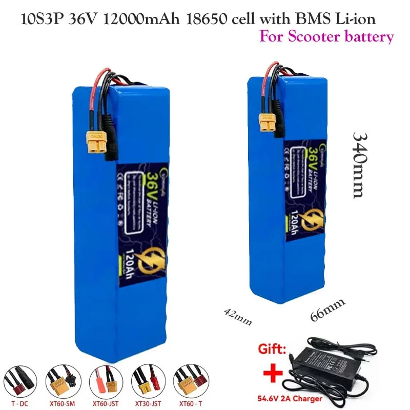 

SUMMING 36V 120000mAh 10S3P Li-ion battery,18650 cell M365 Electric Scooter 36v Battery Scooter with BMS + 54.6V 2A Charger