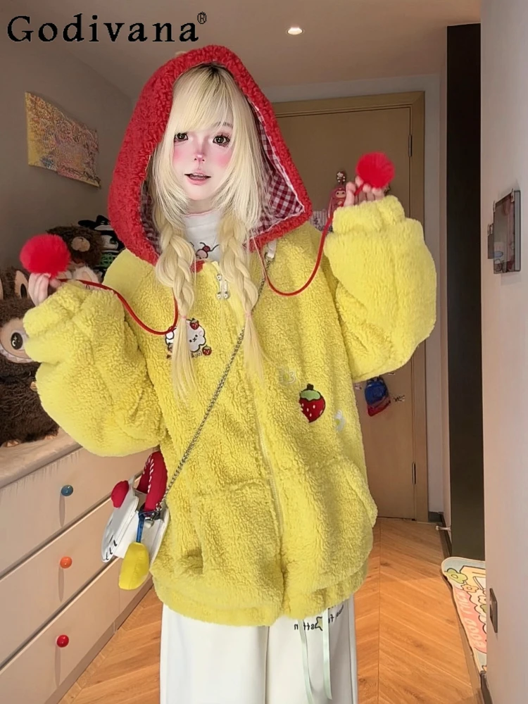 Inverno Nuovo Kawaii Peluche Con Cappuccio Giubbotti Studente Y2K Peluche Addensato Caldo Giacca di Pelliccia Sintetica Ragazze Dolce Allentato Cappotti di Pelliccia per Le Donne