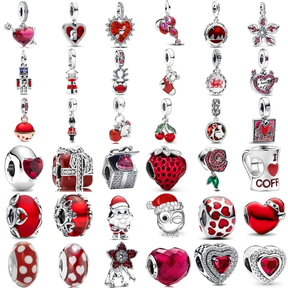 925 شكل قلب فضي، خرز فراولة، جراد البحر، قلادة كرز مناسبة للسوار الأصلي الأوروبي مجوهرات رائعة ذاتية الصنع