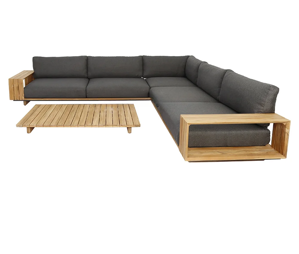 

Modern Teak Wooden Sofa Outdoor Double Chaise Lounge Sets Grey & Black Patio Sofas Outdoor Furniture