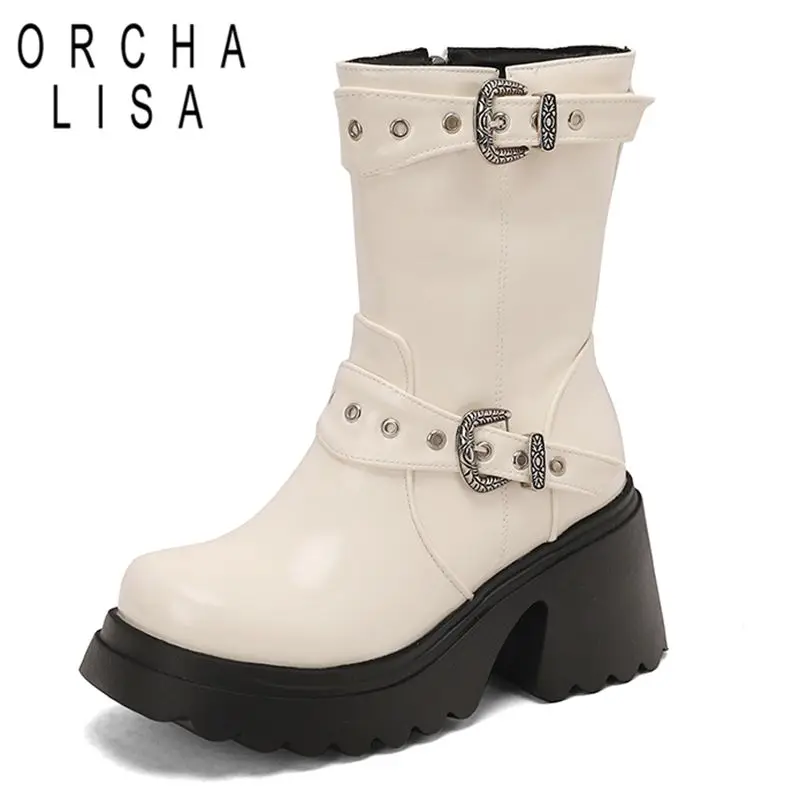 ORCHA LISA Design Shiny Women Mid Calf Boots Round Toe Chunky Heels 8.5cm Platform 3.5cm Zipper Belt Buckles Plus Size 43 44 45