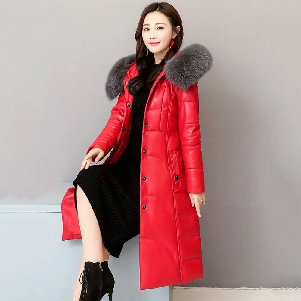 Winter Haining Fashion Fur Female Imitation Fox Fur Collar Temperament Long Hooded Warm Cotton-padded Jacket Slim Slimming  Coat