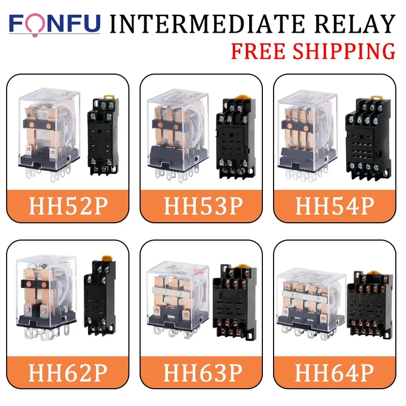 5PCS HH52P HH53P HH54P HH62P HH63P HH64P Miniature Coil Generalel ectromagnetic Intermediate Relay Switch LED DC12V 24V AC220V