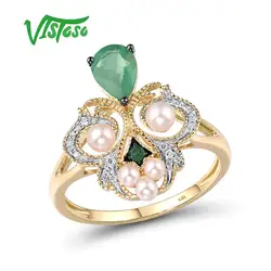 VISTOSO Gold Rings For Women Pure 14K 585 Yellow Gold Ring Emerald Fresh Water Pearl Diamond Engagement Anniversary Fine Jewelry